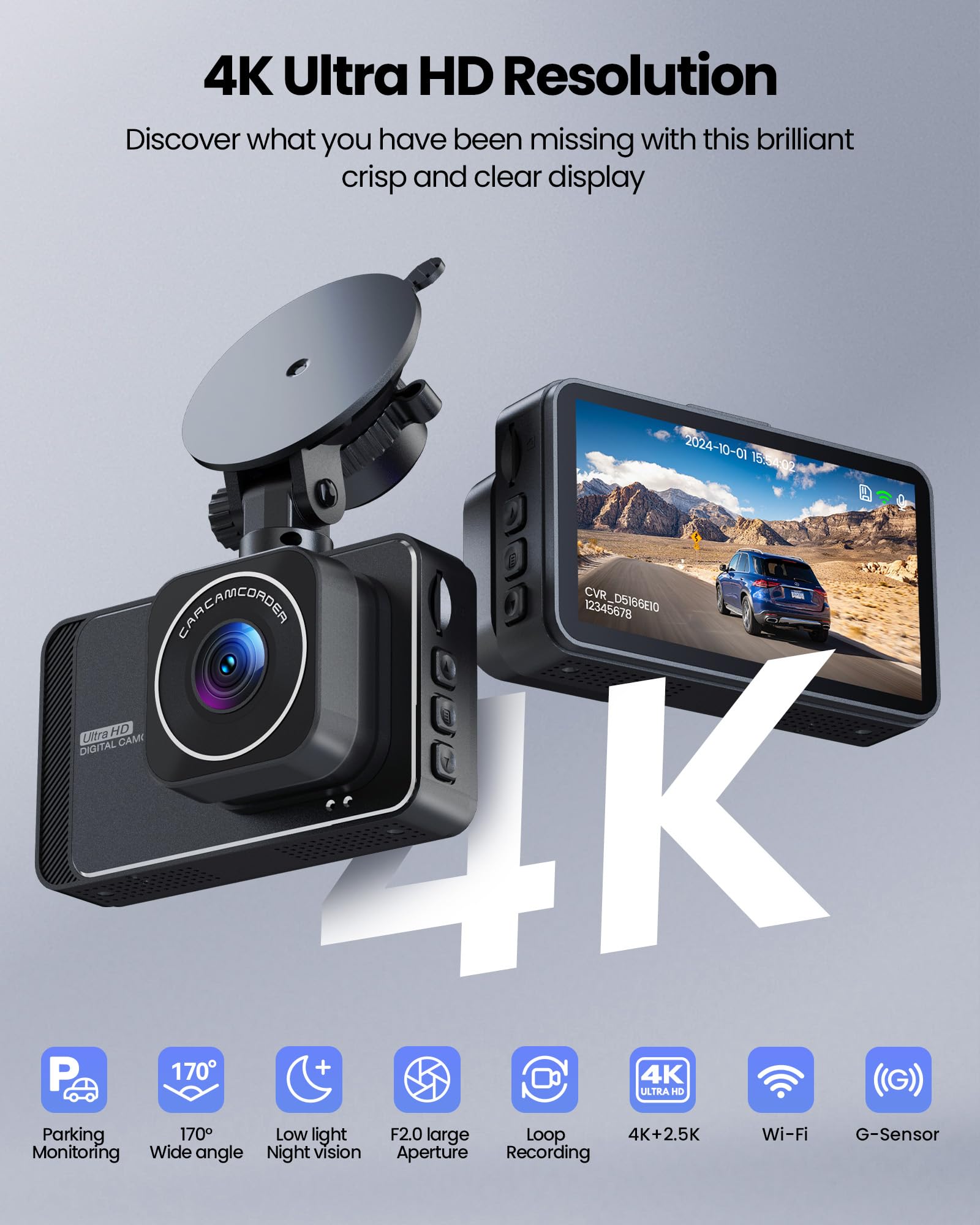 Dash Cam, 4K Ultra Hd Front Camera+2K Rear Cameras, 5G Wifi   Fastest Download Speeds App, Support Ios Android,Wdr Night Vision,